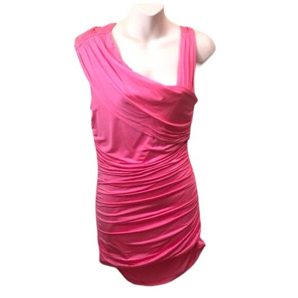 Bebe NEW Hot Pink Ruched Draped Tank Top Silky Stretch Bodycon Slimming Tank - Picture 1 of 11